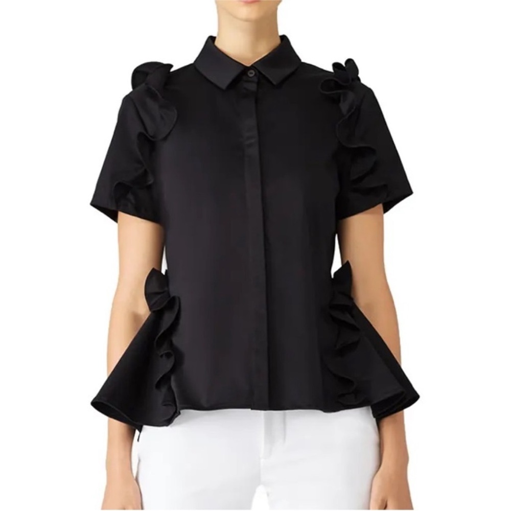 Alexis Black Peplum Blouse Button Down Short Sleeve Merrill Ruffle Top Size XS